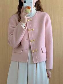 2025 Autumn/Winter New Arrival Jacket, Minimalist Double-Breasted Solid Color Coat - Baby Pink - View 4