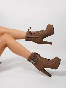 Giày cao gót dày, đế cao chống thấm nước, mũi tròn, ống ngắn, khóa kéo bên hông, bốt nữ thời trang, dải kim loại màu trơn có khóa, bốt nữ mùa đông - màu nâu - Xem 3