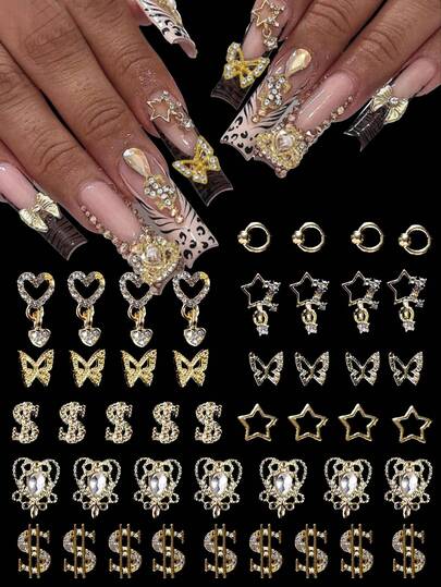 54 pezzi Decorazioni per unghie stile Y2K in oro - Gioielli in lega con gemme incrostate per arte di unghie (farfalla/dollaro/stelle/pianeta/cuore) Cristalli 3D per unghie in acrilico e gel, accessori per unghie scintillanti, gioielli celestiali, decorazioni per unghie da festival e matrimonio
