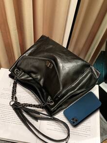 Women's Fashion Large Capacity Shoulder Tote Bag, Minimalist Solid Color Handbag, Crossbody, Work Bag, Travel, Versatile Chain Strap Bag - Black - View 4