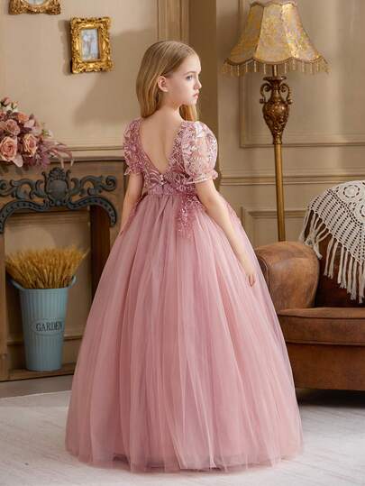 Tween Girl Pink Lace Trim Deep V Back Mesh Graduation Elegant Princess Dress, Suitable For Girls Dresses, Birthday Party, Wedding, Flower Girl, Bridesmaid, Special Occasion & Celebration