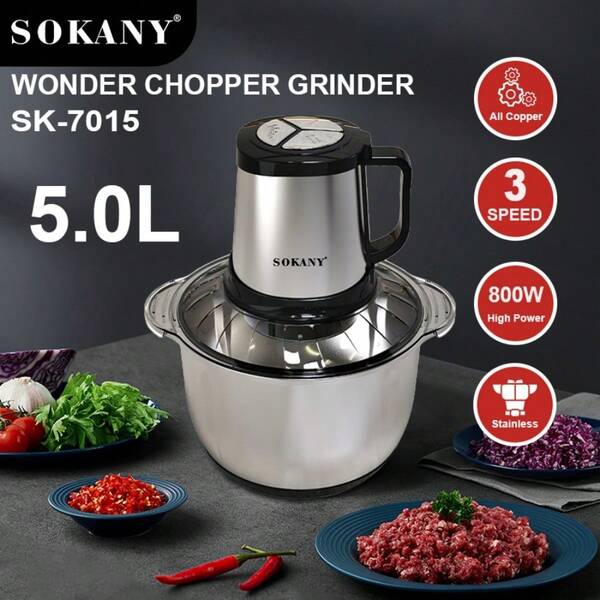 SOKANY Moedor de carne SOKANY SK-7015 de baixo ruído, misturador de grande capacidade de 5L, picador de vegetais doméstico de 800W