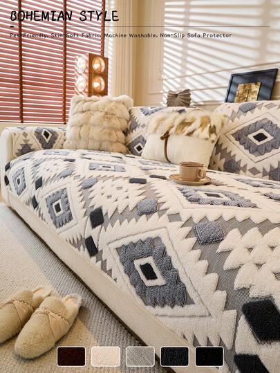 1 件波西米亚风格棉混纺天鹅绒提花防滑沙发垫，宠物友好，可机洗，适用于 1-4 座组合沙发，保护套，四季可用，居家装饰，高端感觉沙发套