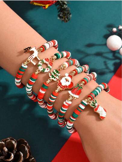 6 Stück Rentier, Weihnachtsmann, Weihnachtsbaum Soft Keramik Dekorative Armbänder, Weihnachtsgeschenk, Party Gastgeschenk, für Frauen