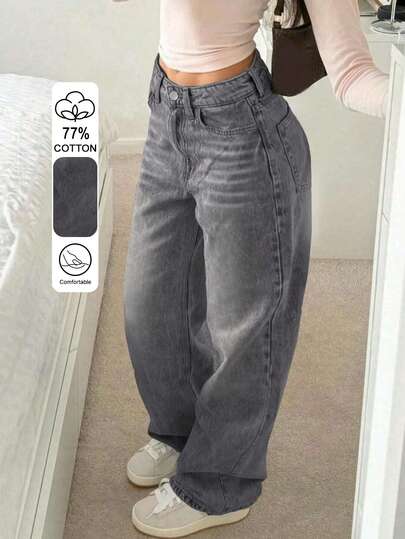 American Casual Washed Gray Denim Jeans For Women, Fashionable Loose Straight Leg Wide Leg Pants, New Autumn Design
