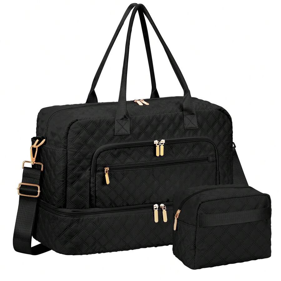 2pcs Large Capacity Travel Duffel Bag, Wet And Dry Separation Fitness Bag, Weekend Overnight Shoulder Bag, Hospital Necessary Mommy Bag, Travel Bag, Holiday Bag, Weekend Bag, Overnight Bag, With A Pull Bar Bag, With Shoe Storage, Boarding Bag, Cosmetics Storage Bag For Suitcase Gym Bag Duffle Bag For Luggage Carry On Bag College Bag Luggage Bags Weekender Bag Hospital Bag Black Winter - 黑色 - 查看 1