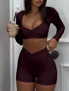 两件套 女士休闲高弹粉色荷叶边领长袖露脐上衣和短裤 春季 - 中紫紅色 - 查看 5