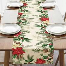 1 Set Leinen Weihnachts-Tischläufer, entworfen mit einem Poinsettia-Muster mit Tannenzweigen, Stechpalme und Beeren als Verzierungen, strapazierfähige Polyester rechteckige Tischdecke, Weihnachtsdekoration geeignet für ländliche Feiertags-Dekoration