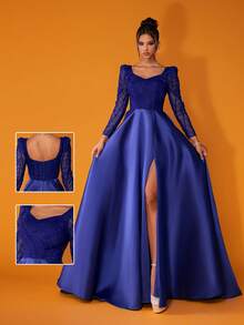 New Arrival Luxury Blue Lace Evening Dress, Suitable For Formal Occasions Elegant Long Sleeve Prom Wedding Guest Gown, For Graduation, Dinner