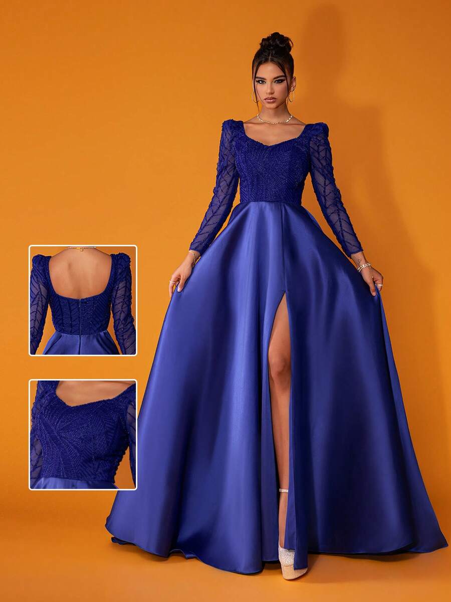 New Arrival Luxury Blue Lace Evening Dress, Suitable For Formal Occasions Elegant Long Sleeve Prom Wedding Guest Gown, For Graduation, Dinner