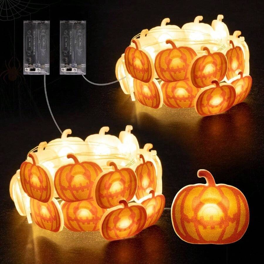 2 Packs Halloween Pumpkin String Lights, 7ft 20 LEDs Orange Halloween String Lights Operated Indoor Party Decorations As Well As Bedrooms, Homes And