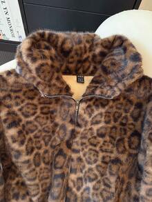 Áo khoác cardigan len mohair phủ toàn thân họa tiết da báo Colorblock có khóa kéo, mặc hàng ngày - Cà phê nâu - Xem 3