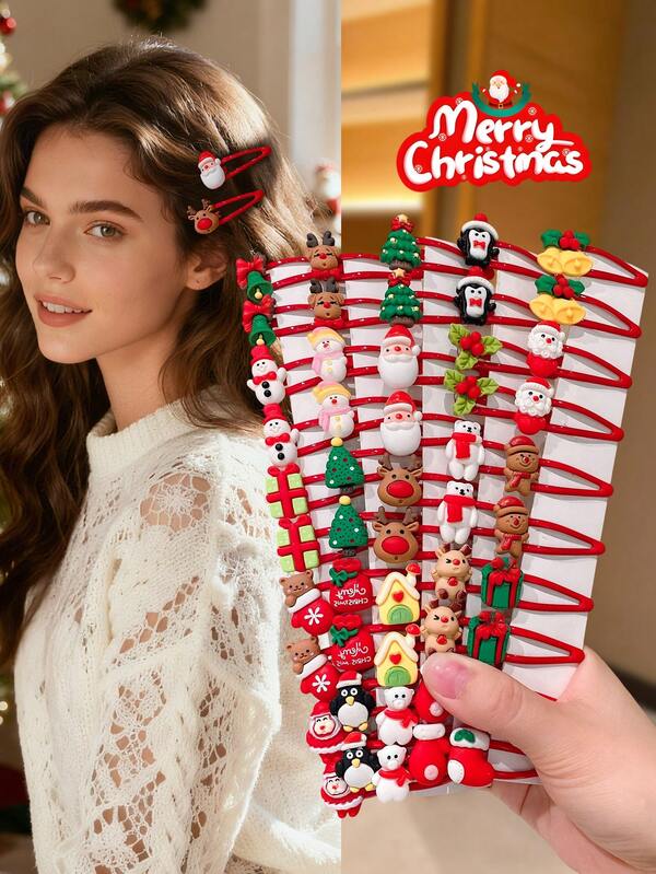 10pcs/Set Cute Cartoon Christmas Santa Claus, Snowflake, Reindeer, Christmas Tree, Penguin, Bear Christmas Socks, Bells, Christmas Gift Hair Clips, Girls Christmas Party Hair Accessories, Colorful Fashion Hair Pins