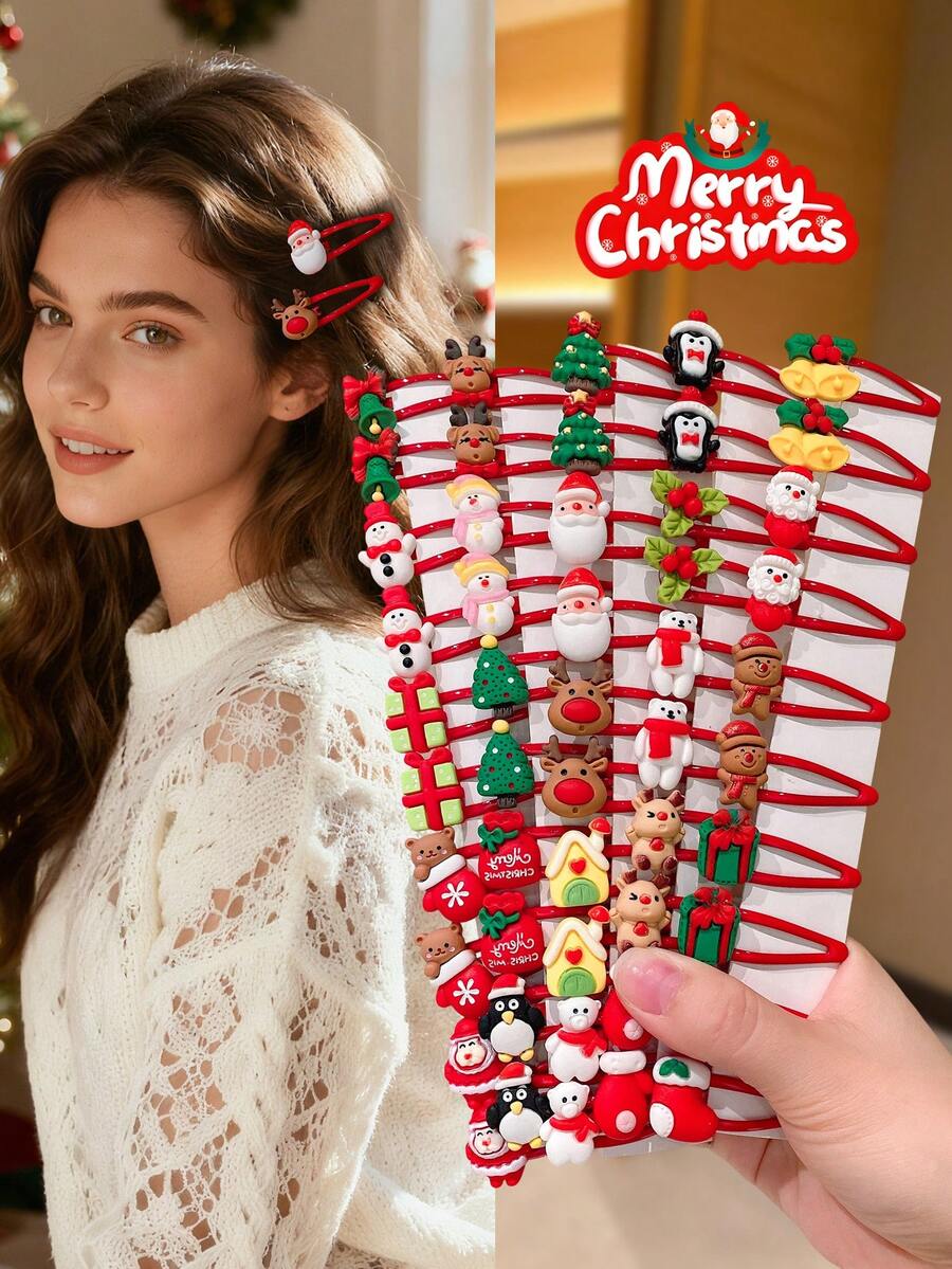 10pcs/Set Cute Cartoon Christmas Santa Claus, Snowflake, Reindeer, Christmas Tree, Penguin, Bear Christmas Socks, Bells, Christmas Gift Hair Clips, Girls Christmas Party Hair Accessories, Colorful Fashion Hair Pins