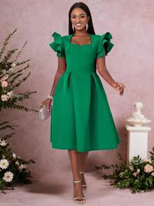 Women's Sweetheart Collar Ruffle Flare Hem Swing Party Dress With Cap Flared Sleeves