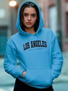 sudadera  para mujer  modelo LOS ANGELES  hoodie  con gorro y canguro  estampado  calientita para el frio - Celeste - Ver 1