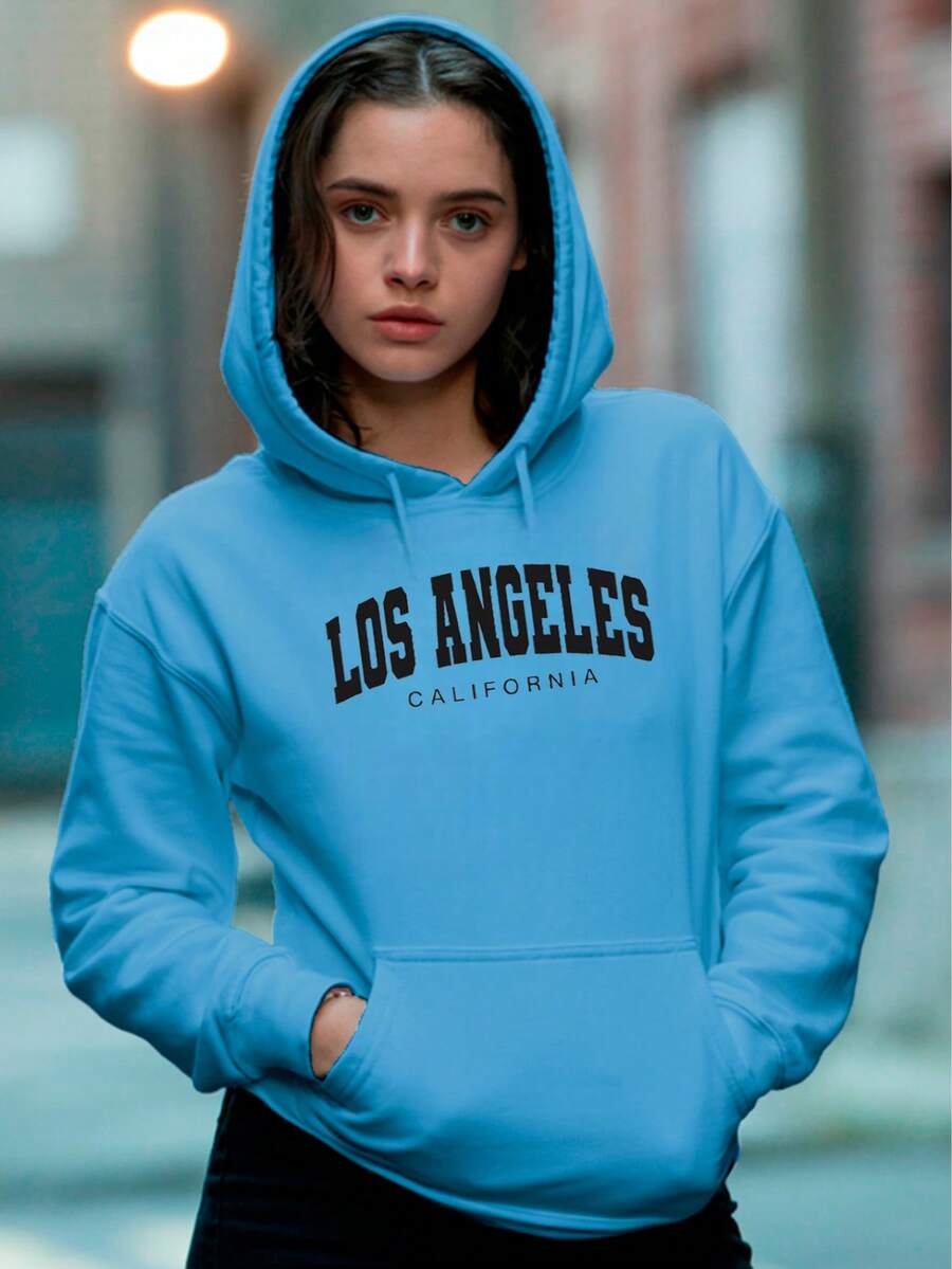 sudadera para mujer modelo LOS ANGELES hoodie con gorro y canguro estampado calientita para el frio - Celeste - Ver 1