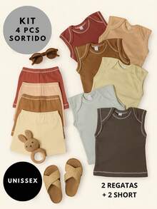 KIT 2 Conjunto Verão Bebê Menino Menina Unissex 4 Peças em Algodão Respirável Verão Fresquinho (2 Regatas + 2 Mijões/Shorts) Sortidos PREMIUM
