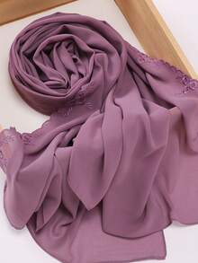 1pc Women's Solid Color Embroidered Lace Chiffon Muslim Hijab Scarf For Abaya