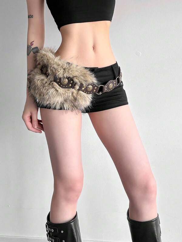 1 Stück Vintage Western braun Nieten PU Leder Gürtel für Frauen, modischer Kaffee PU Taillengürtel mit sexy Kunstfell Dekoration, Nischendesign Rock & Jeans Accessoire