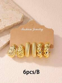 6-12pcs Fashionable Gold-Tone Earrings, Including Teardrop, Twisted Rope, And C-Shaped Hoops, Suitable For Women's Daily Wear - Gold - View 7