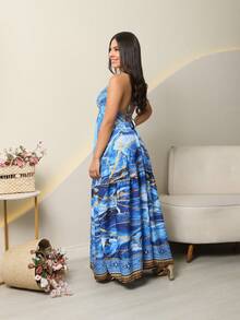 SUMMER DRESS WITH VARIOUS COLOR PRINT, LONG VISCOLINHO, OPENING ON THE BACK, V-CUT, STRAPS - Royal Blue - View 2