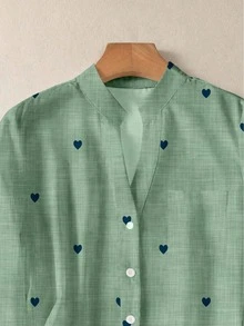 女士浪漫爱心印花长袖纽扣衬衫，带口袋，适合秋、冬、春季穿着 - 綠色 - 查看 7