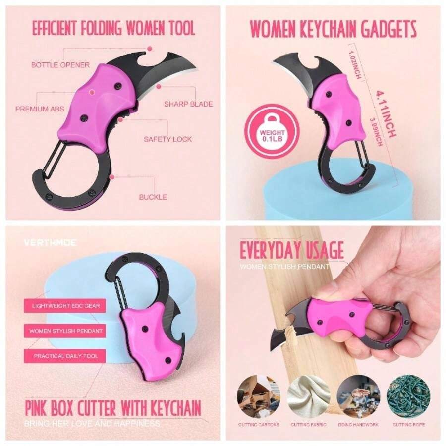 Small Pocket Knife Women Mom Gifts, Pink Keychain Cute Box Cutter, Knife Gadgets Hiking Mothers Day, Everyday Carry Tools, Stocking Stuffers Women Her - Pink - View 1