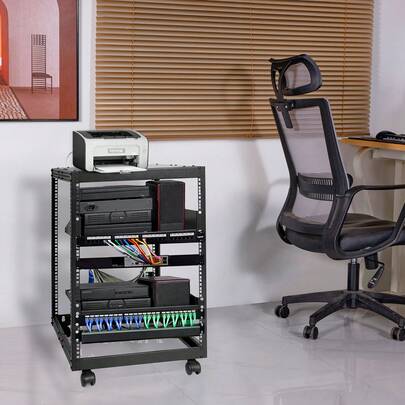 15U Rack de servidor de marco abierto, profundidad ajustable de 23'' a 40'', rack de servidor de red independiente o de montaje en pared, rack AV de 4 postes con ruedas, admite todos sus equipos de TI de red, equipo AV, enrutador, módem