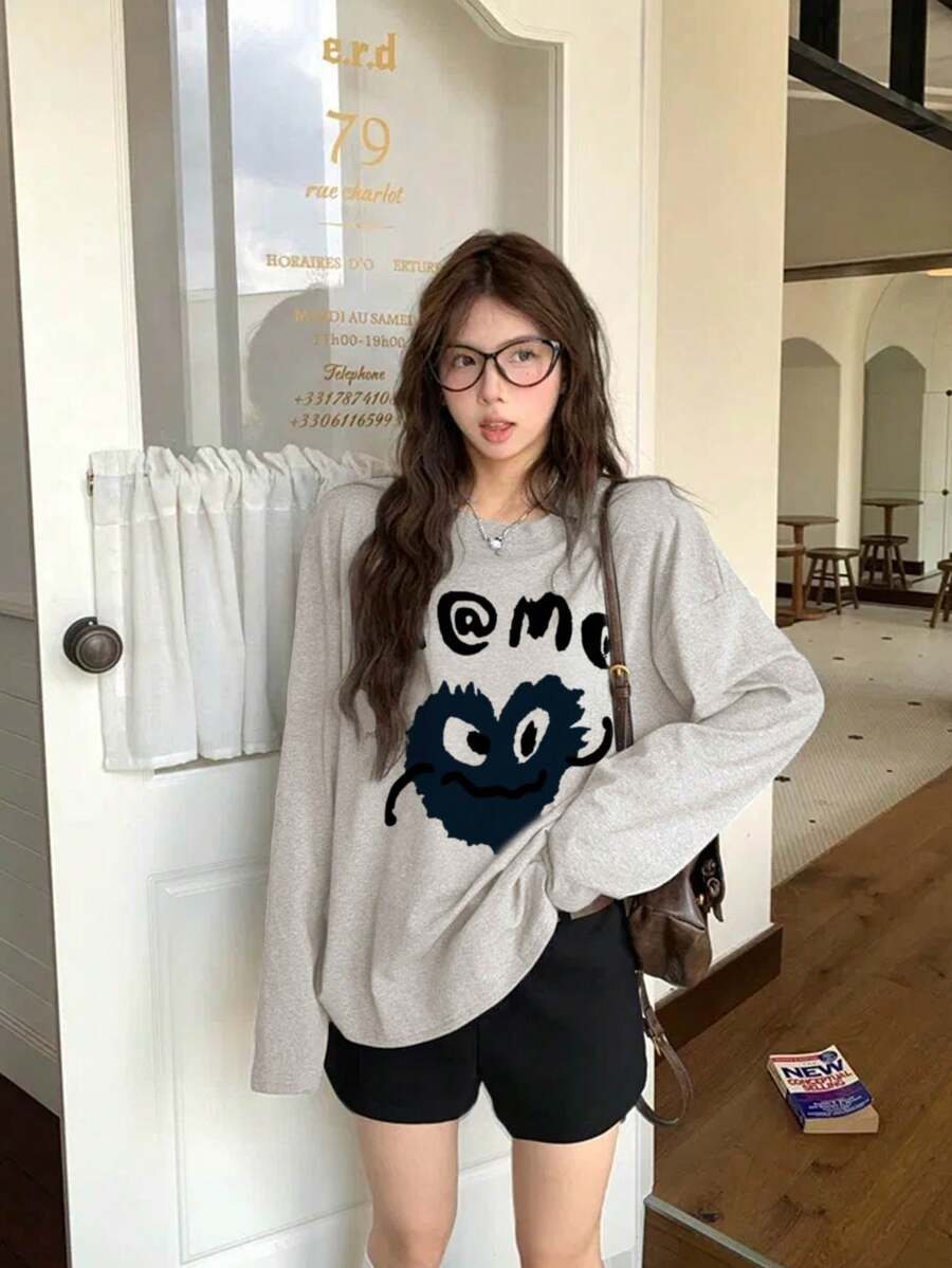 2025 Autumn New Fashion Casual Loose Long T-Shirt For Women, Letter Print Pure Cotton Streetwear Korean Style