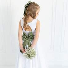 White Long Dress With Olive Pleats And White Tulle Skirt With Sash REF4072 - Olive Green - View 13