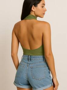 Elegant Women's Bodysuit With Plunging Neckline And Halter Collar – Sensual And Sophisticated - xanh quân đội - Xem 2