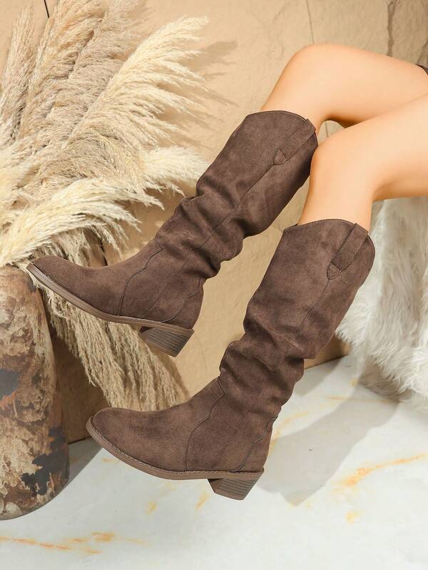 2025 Autumn/Winter Women's Thick Sole Chunky Heel Round Toe Faux Suede Mid-Calf Boots, Pleated Boots, Versatile, Can Be Paired With Leggings, Casual Pants, Skinny Pants, Dresses, Shorts, Daily & Holiday Outfits, Valentine's Day, Formal Parties, Elegant, Comfortable, Outdoor, Non-Slip, Versatile, Black, New Coffee Brown Chunky Heel Round Toe Pleated Design Women's Mid-Calf Boots, Suitable For Spring, Autumn, Winter, Over-The-Knee Boots, Casual Vacation Travel Daily Wear