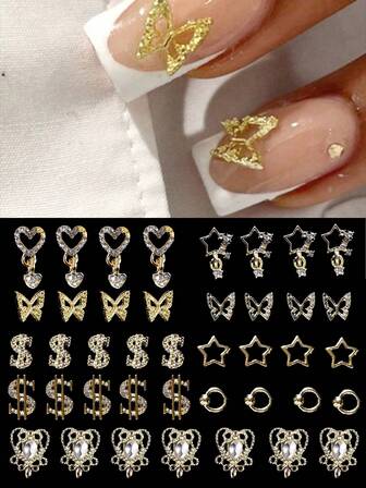 54PCS High-End Fashion Nail Art DIY Kit (Shimmering Butterfly, Luxurious Heart-Shaped Nail Art Decoration With Matching Accessories)