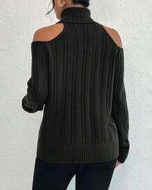Womens Cold Shoulder Turtleneck Sweaters Fall Long Sleeve Soft Knit Pullovers Jumper Tops - 黑色 - 查看 3