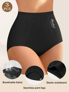 MEIYATING 3 件套女士高腰收腹内裤，棉质舒适日常三角裤，英文印花