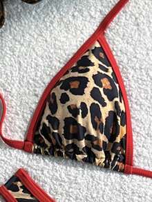 Women's Sexy Fashion Leopard Print Halter Neck Tie Bikini Set, Casual Beach Travel Party 3 PiecesSwimsuit, Spring/Summer New - Multicolor - View 2