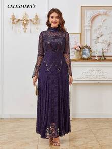 Royal Purple Sequin Beaded Embroidered Dress For Women, Rose Pattern Lace Hem, Long Sleeve Dress - Purple - View 3