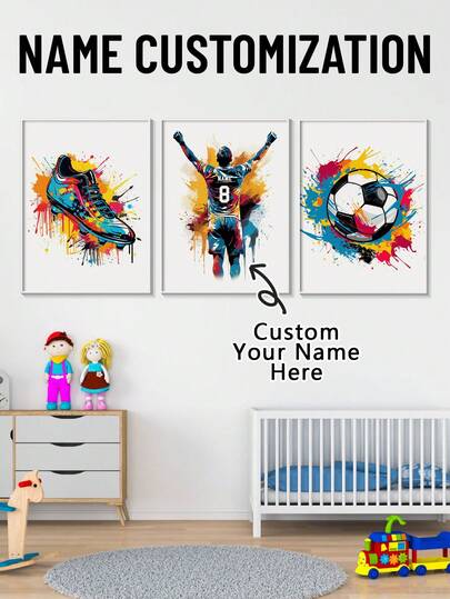 Set de 3 murales personalizados con estilo acuarela de jugadores de fútbol, personaliza tu número y nombre exclusivos, impresión en lienzo de camiseta de fútbol, regalo ideal para entusiastas del fútbol, decoración del hogar para sala de estar y dormitorio, pósteres decorativos de arte deportivo, regalo para entusiastas de los deportes