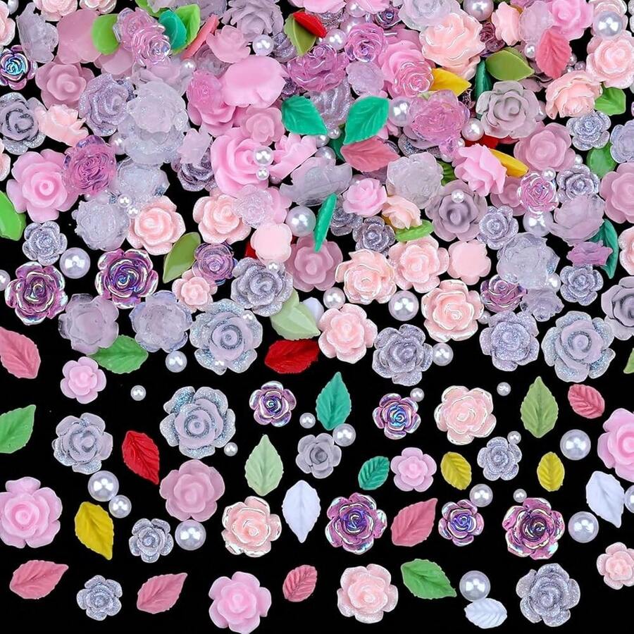 3D Flower Nail Charms Set,150pcs Mixed Size Camellia Rose Resin Charms,150pcs Mixed Size And Color Leaves,100pcs Round White Pearl Beads For Nail Accessories Nail Art (2-Camellia Pink){"Color_name":"CamelliaPink"} - 山茶花粉紅 - 查看 1