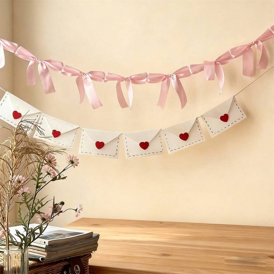 2 Strings Valentine's Day Bow Garland Charming Love Envelope Hanging Banner For Wedding Home Holiday Decor - Hồng - Xem 1