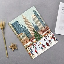 1pc A5 Hardcover Spiral Notebook, City Christmas Ice Skating Theme: Winter Festive Scene Notebook, College Ruled Thick Paper Spiral Notebook With Sticky Notes & Sketching, Suitable For Men & Women, 50 Pages, Size 14.48*21.08cm, Perfect Gift For Friends, Family, Students & Colleagues!