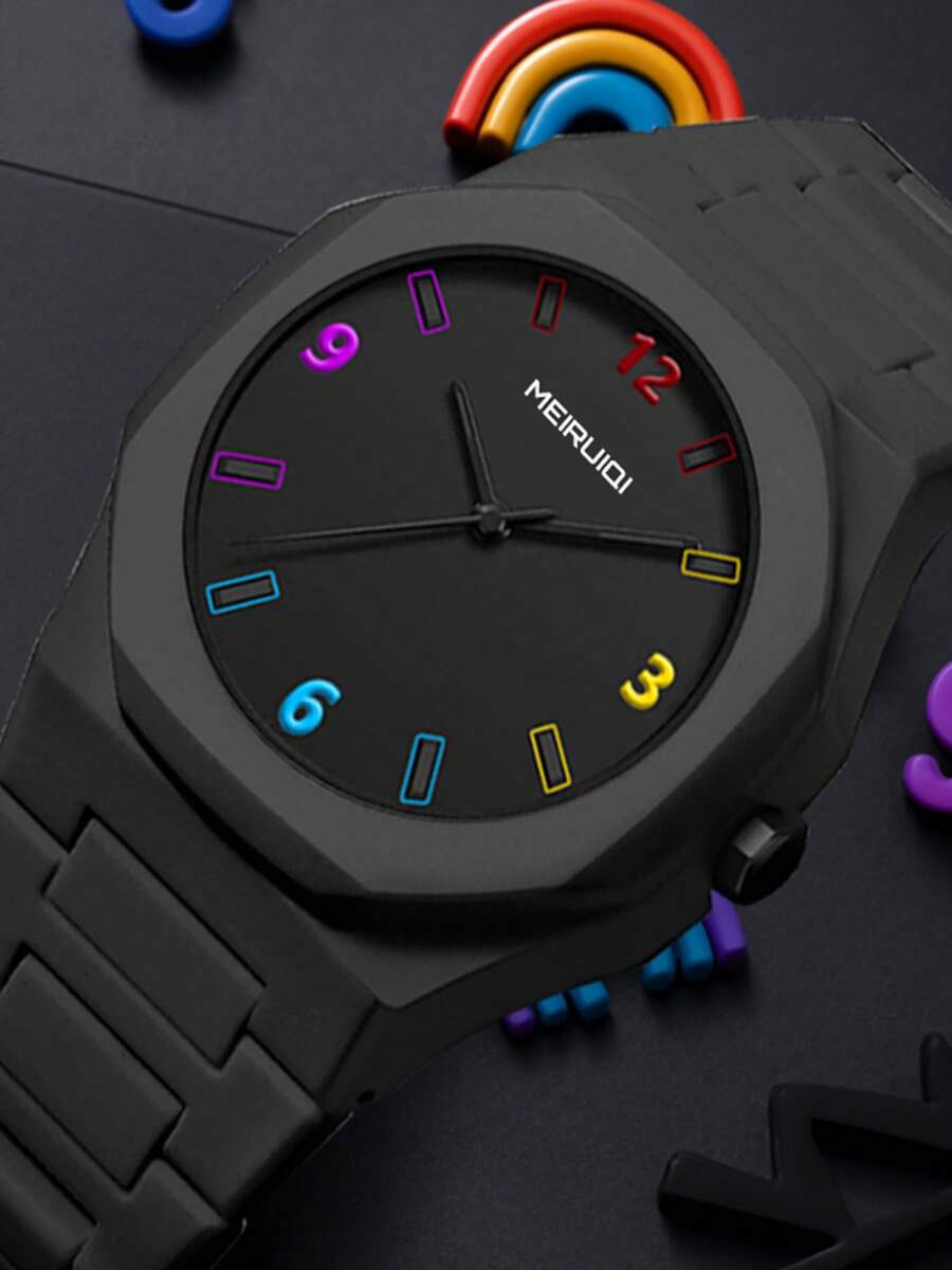 1pc Men's Colorful Dial Quartz Watch With Black Silicone Strap – Stylish And Casual Design For Everyday Wear - 黑色 - 查看 1