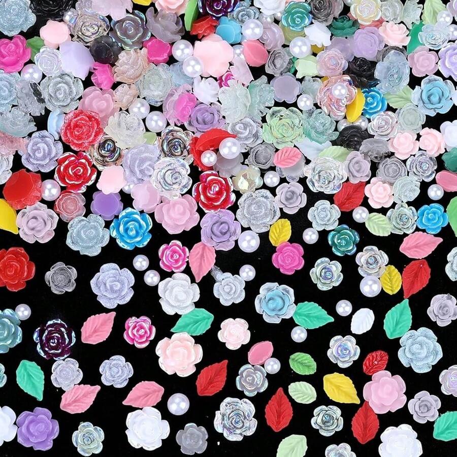 3D Flower Nail Charms Set,150pcs Mixed Size Camellia Rose Resin Charms,150pcs Mixed Size And Color Leaves,100pcs Round White Pearl Beads For Nail Accessories Nail Art (10-Camellia Colorful){"Color_name":"CamelliaColorful"} - 山茶花多彩 - 查看 1