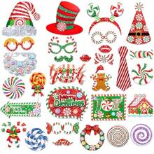 30pcs Glittery Christmas Photo Booth Props Christmas Peppermint Candy Photo Props Kit For Sweet Xmas Party Decorations Supplies Christmas Round Lollipop Themed Selfie Props Pose Sign