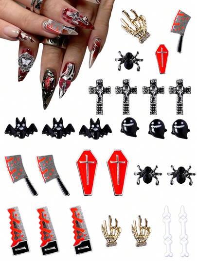 18 pezzi Kit fai-da-te per arte di unghie a tema horror, bundle di decorazioni per unghie con ragni e demoni cool