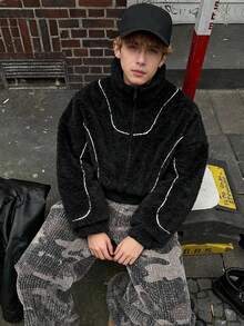 1pc Y2K Contrast Color Streetwear Style Fleece Jacket For Teenage Boys, American Short Minimalist Design, Warm & Comfortable, Suitable For Commuting, Casual Outings, Can Be Worn As An Open Front Cardigan