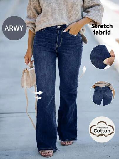 ARWY2025 Casual Distressed Denim Flare Pants For Women, Stretchy Skinny Fit Plus Size Jeans, Versatile For Daily Wear, Airport, Travel, Stage Performance, Holiday, Back To School, Easter, Christmas, All Seasons