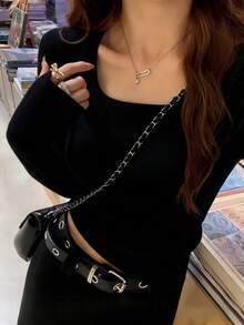 女式方领长袖针织毛衣，修身叠穿上衣，秋冬 - 黑色 - 查看 4