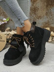1 Par de Botas de Moda Feminina para Outono/Inverno, Botas de Couro com Estilo Esportivo Punk, Cadarços, Ilhoses Metálicos e Bico Redondo - Preto - Visão 10